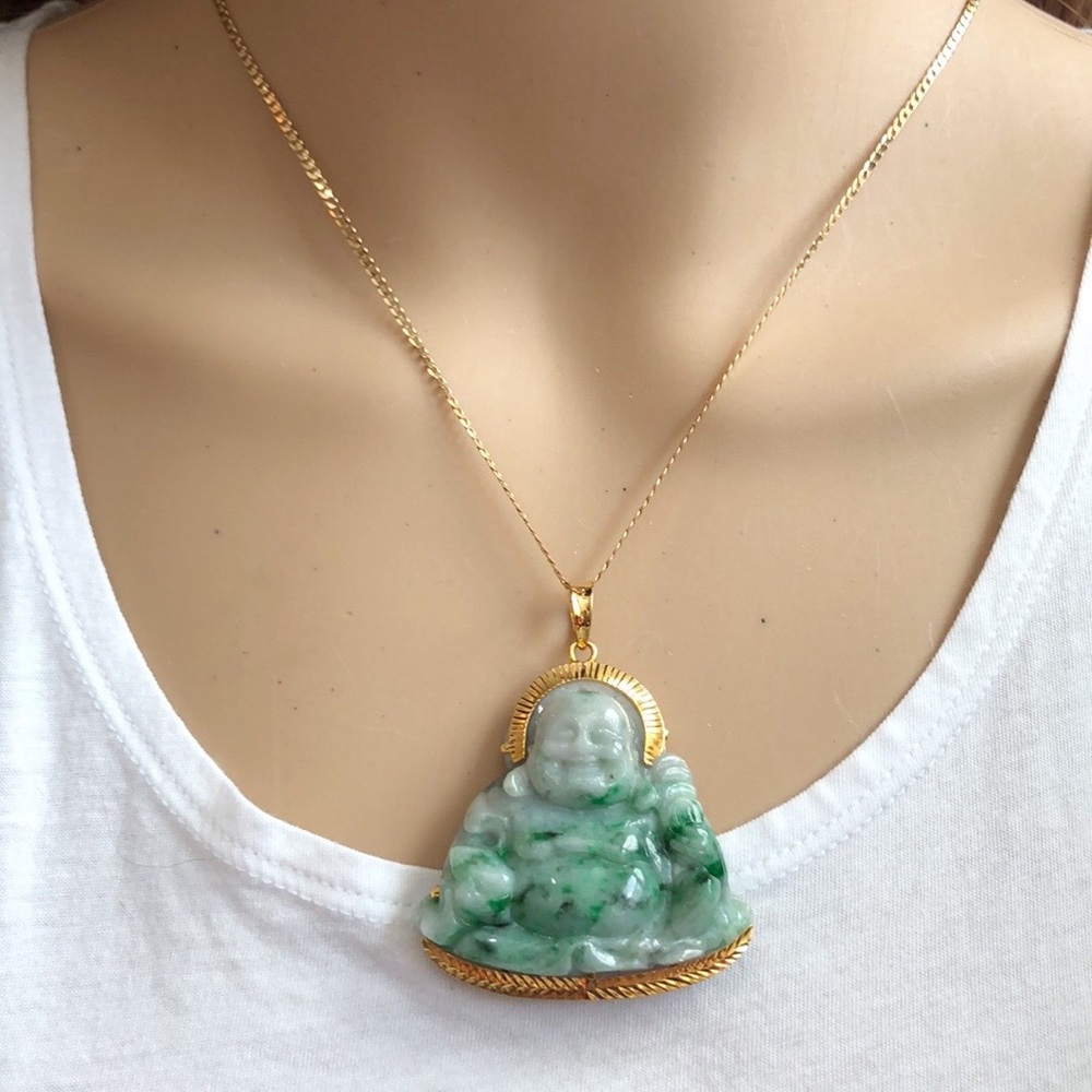 14K Solid Gold Laughing Buddha Real Jade Pendant